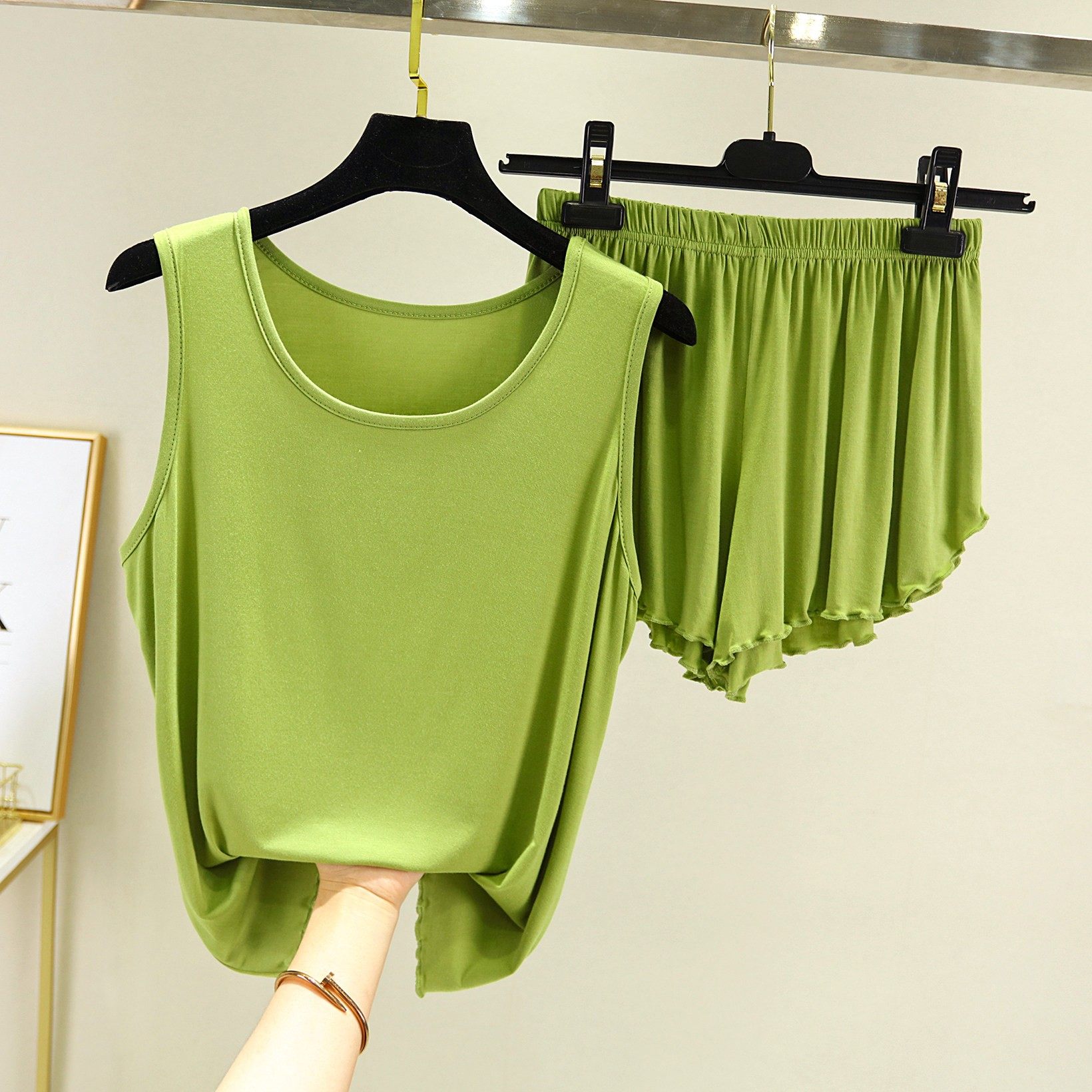 夏季背心短裤女宽松大码莫代尔吊带睡衣睡裤薄款纯色家居服两件套,女士内衣/男士内衣/家居服,睡衣/家居服套装,淘宝优惠券,粉丝福利购,淘宝优惠卷