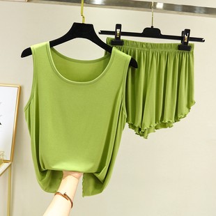 夏季背心短裤女宽松大码莫代尔吊带睡衣睡裤薄款纯色家居服两件套