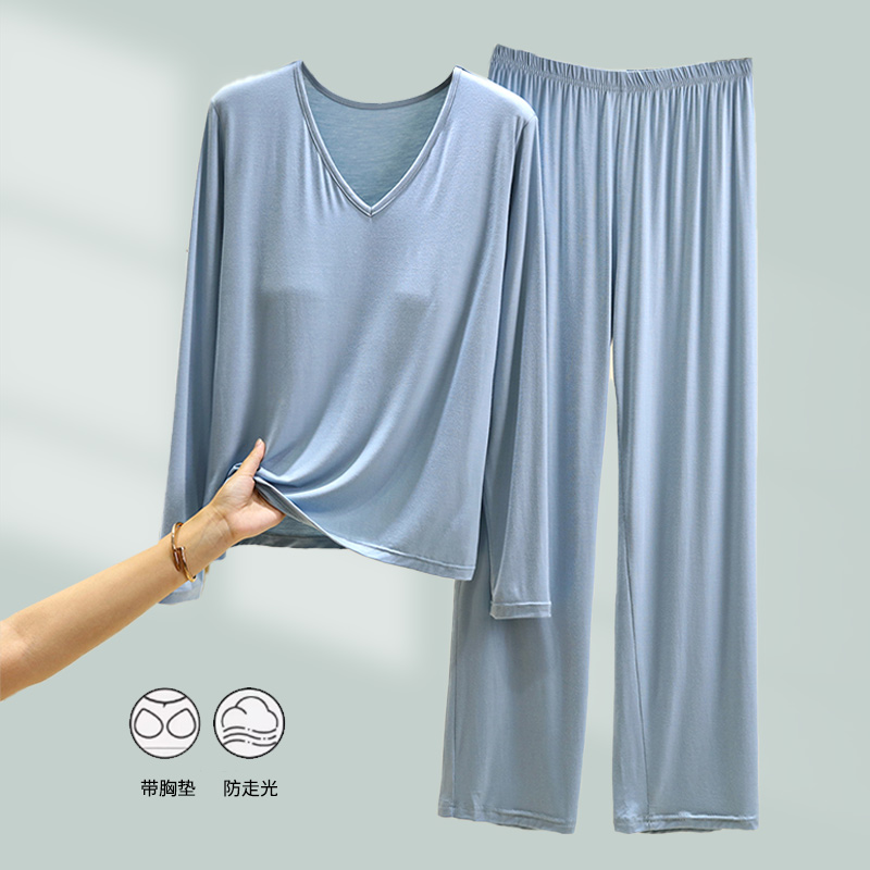 莫代尔胸垫长袖套装女士