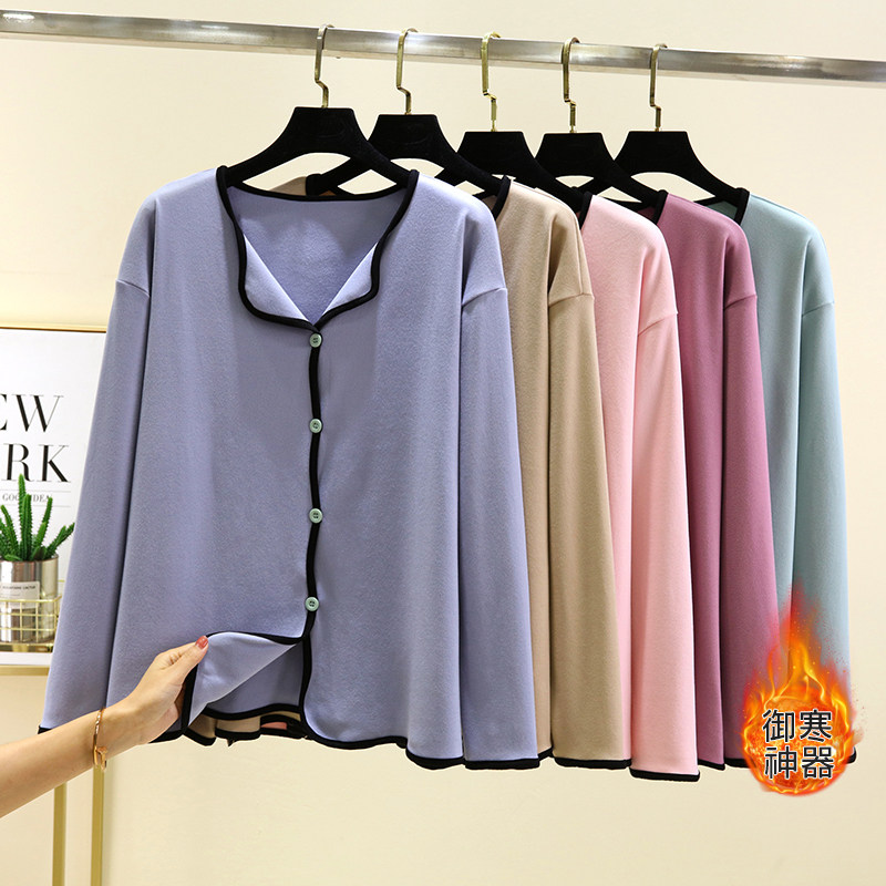 秋冬德绒长袖翻领居家上衣