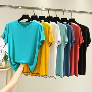 莫代尔花边纯色短袖女夏圆领宽松休闲大码T恤薄款百搭显瘦打底衫