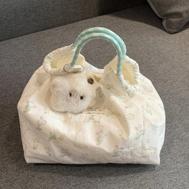 新款可爱碎花小白兔帆布包女单肩包大容量手提袋拎书布袋托特包包