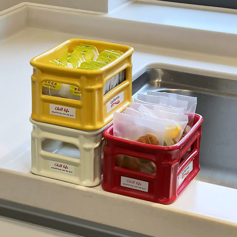 咖啡茶包收纳盒工位办公室茶水间陶瓷复古桌面收纳盒零食筐小吃盒,收纳整理,桌面收纳盒,淘宝优惠券,粉丝福利购,淘宝优惠卷