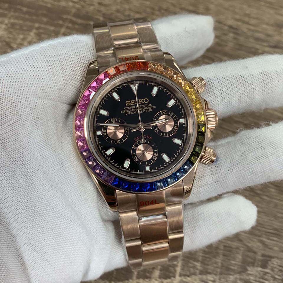thumbnail for Watch Quartz VK63 movement, PVD rose gold-plated 39mm colored stone stainless steel case, sporty fashion