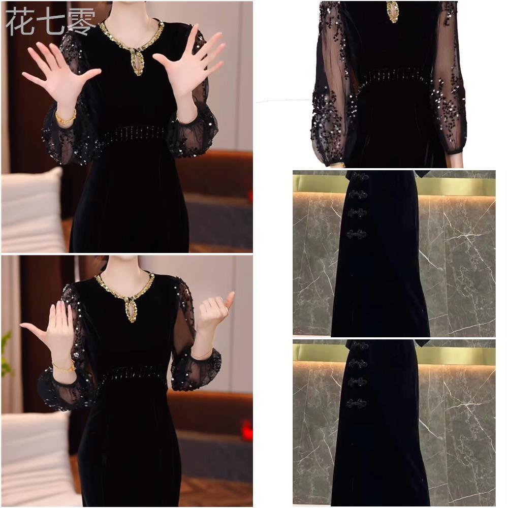 高端时尚气黑丝绒连衣裙士女2025春季款修身显瘦UXI妈妈质中长新