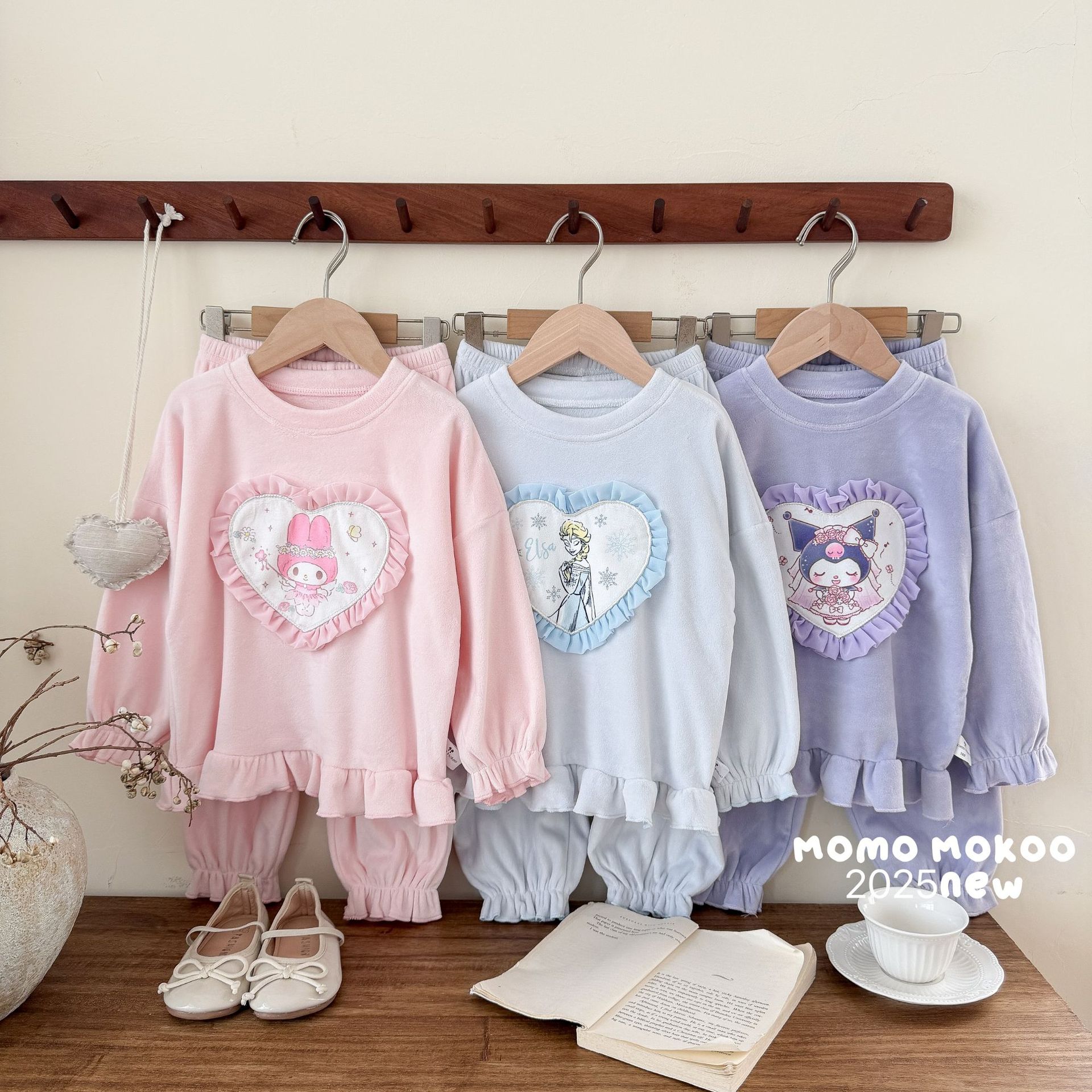 软fufu~秋冬女童海岛绒睡衣艾莎公主圆领花边居家套装美乐蒂女孩