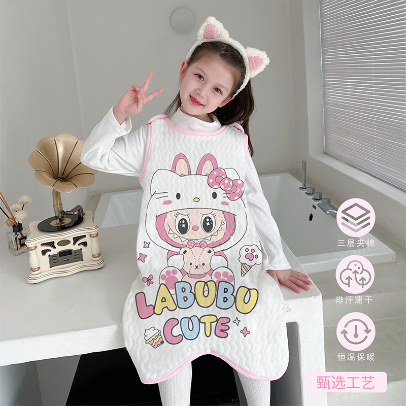 拉布布睡袋春秋冬夹棉背心式防踢被女宝宝加厚分腿睡无袖连体睡衣