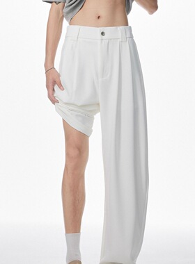 白色垂坠感西裤男春秋季新款高级感阔腿裤cleanfit显瘦休闲长裤子