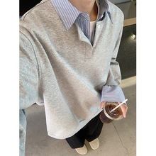 美式复古假两件衬衫男长袖撞色春秋内搭叠穿翻领休闲衬衣外套痞帅