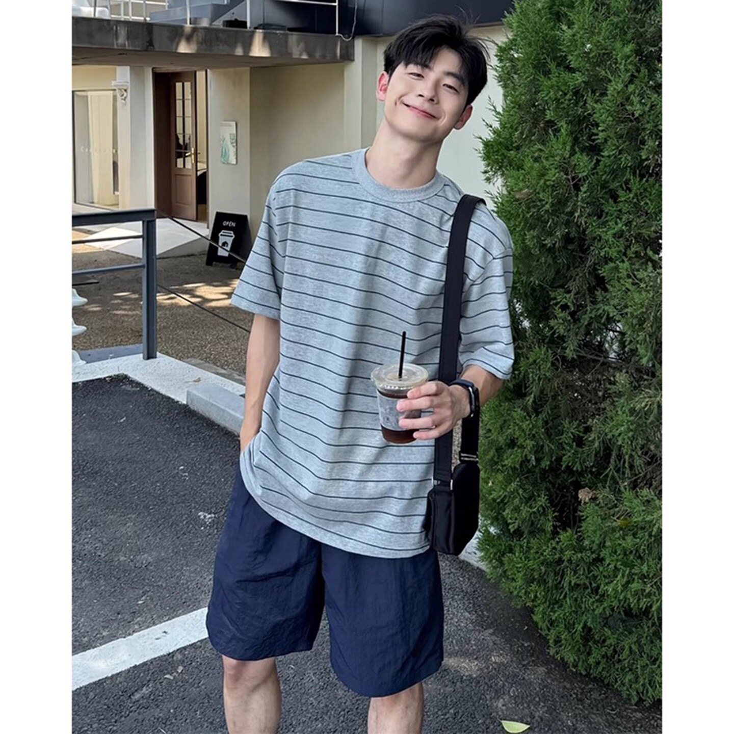 美式复古灰色条纹短袖t恤男