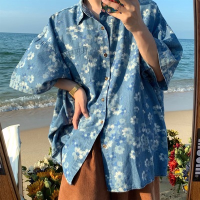 美式复古花朵做旧牛仔短袖衬衫男
