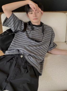 美式复古潮牌拼色小领口条纹短袖t恤男2026夏季新款宽松休闲半袖