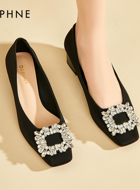 达芙妮粗跟高跟鞋女2025新款春秋方头浅口单鞋法式水钻方扣晚晚鞋