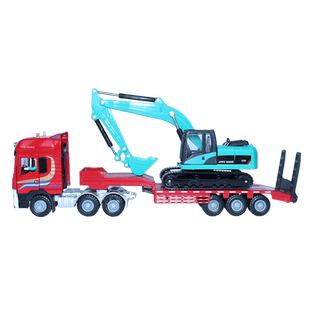 合金工程车1:50平板拖车运输车带挖土机铲车压路机模型摆件拖挂车