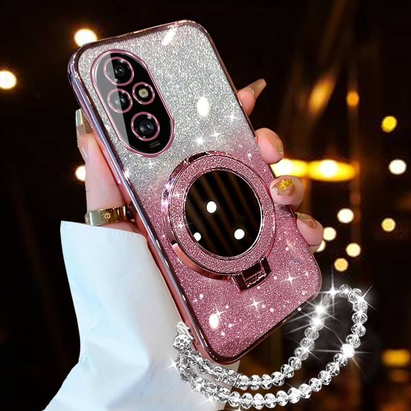 华为荣耀200手机壳200Pro创意高颜值闪粉支架保护套Honor100Pro/90/80/70带镜子60SE女款硅胶防摔软壳50SE链