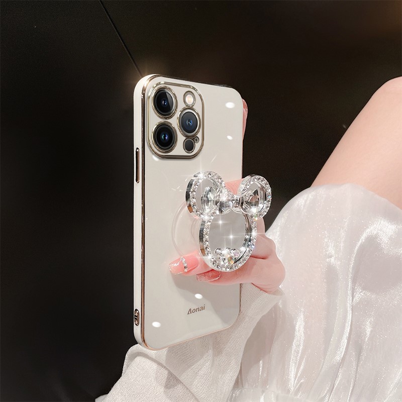 补妆镜适用苹果15手机壳可爱卡通14promax新款iPhone13气囊支架12mini高级感保护套Xs硅胶6plus女生奢华立体