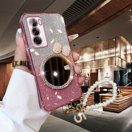 OPPOReno12Pro手机壳高颜值女款防摔保护套Reno11Pro/10/9/8/7时尚镶钻镜子软壳reno6/5/4/3全包POPO带手挂绳