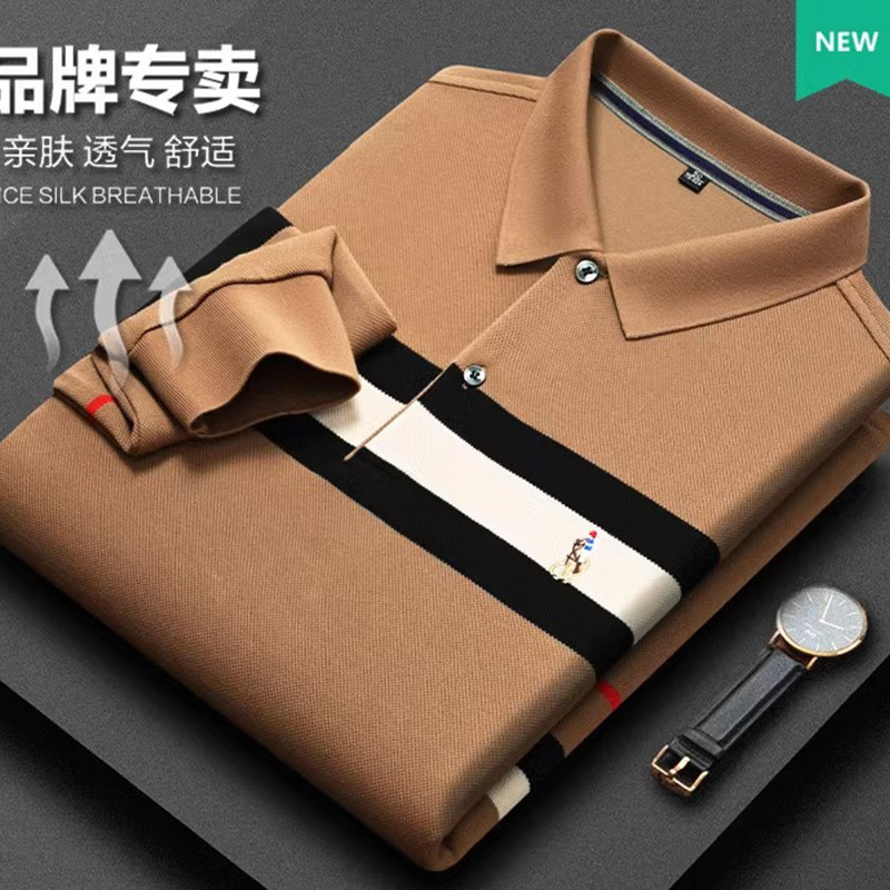 2025新款中老年爸爸横条纹拼色polo衫男休闲反领长袖t恤春秋装