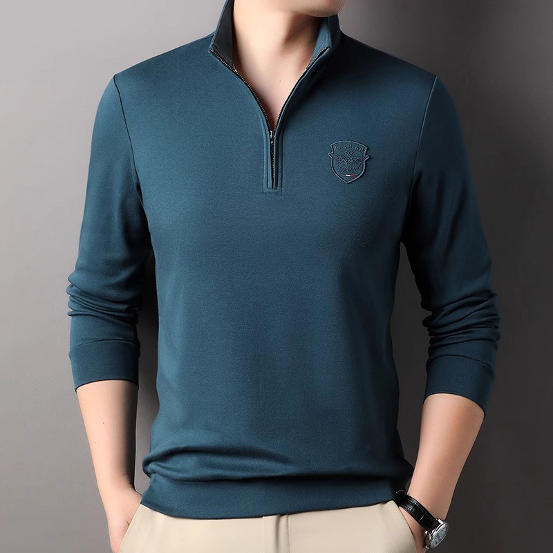 春秋装中年男士立领长袖T恤半拉链纯色免烫爸爸装打底体恤衫潮