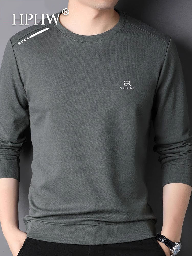 2025春秋薄款圆领卫衣男士长袖t恤中年休闲打底衫纯色宽松上衣