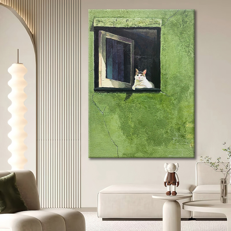 绿色小清新装饰画可爱猫咪奶油风客厅手绘油画玄关卧室挂画肌理画图片