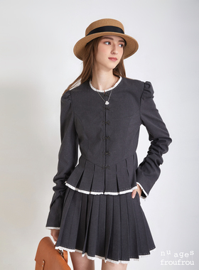 设计师款法式复古西装百褶短裙套装Nuages Froufrou短款收腰时尚