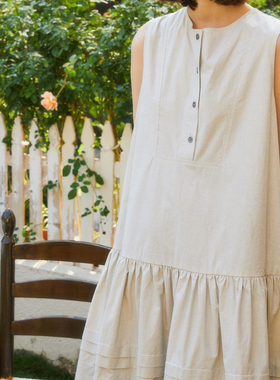 法式棉麻条纹背心连衣裙原创设计宽松文艺背心长裙Nuagesfroufrou
