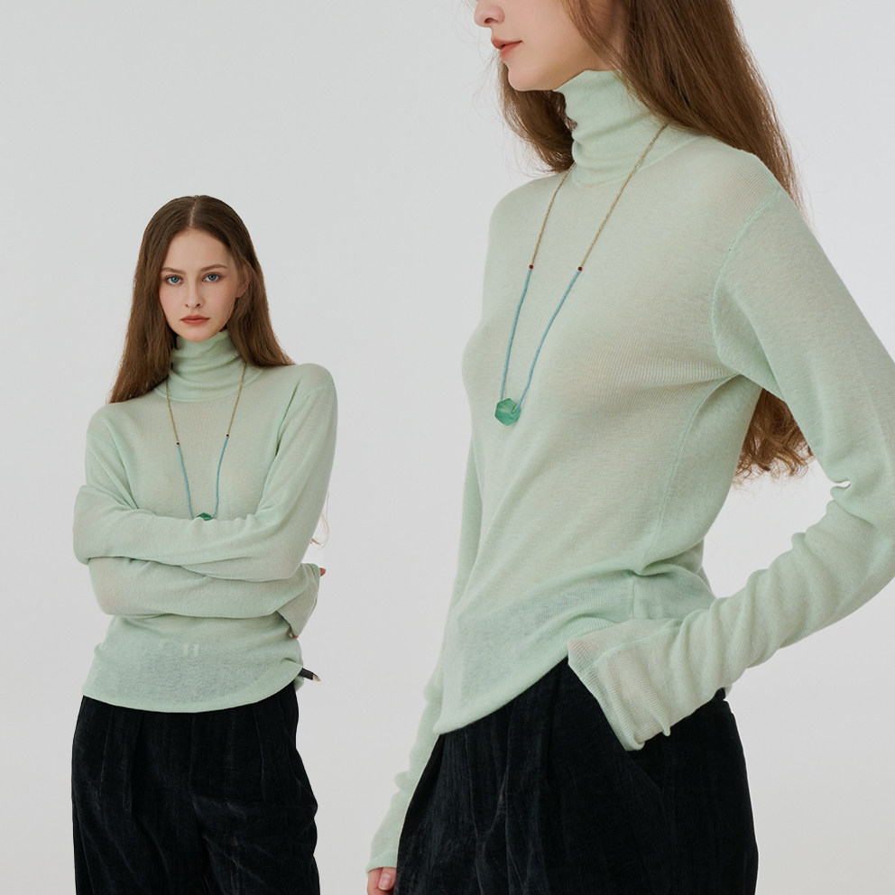 高领羊毛针织衫女长袖软糯绵羊毛打底衫薄荷绿复古百搭休闲
