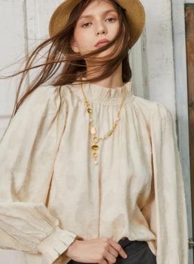 NuagesFroufrou法式复古米白色剪花上衣褶皱松紧秋冬新款休闲百搭