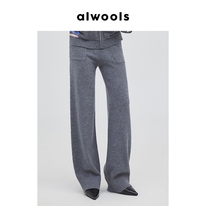 ALWOOLS秋冬新品口袋阔腿针织裤时尚设计师款下装休闲百搭裤子