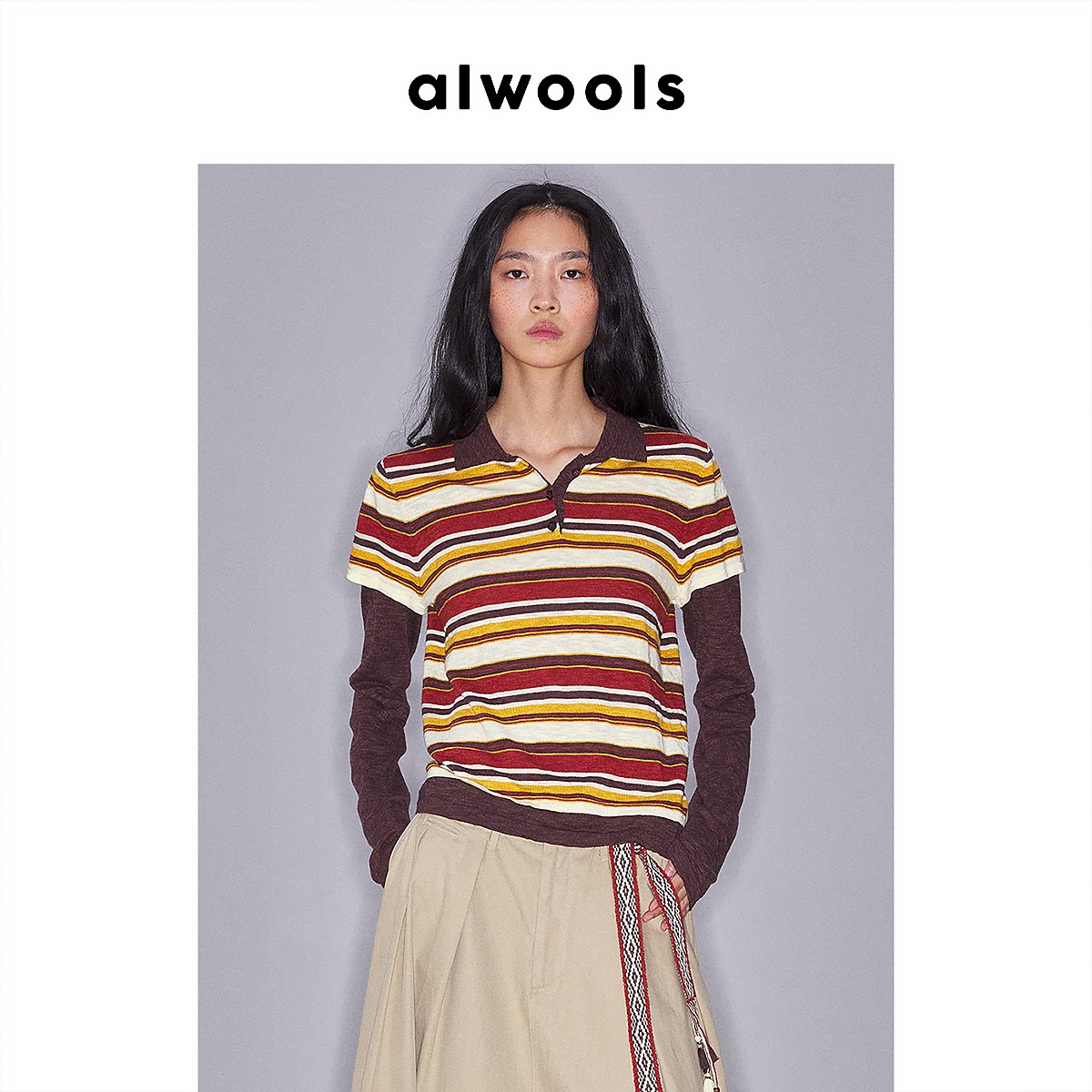 ALWOOLS秋冬新品复古撞色条纹假两件针织polo衫