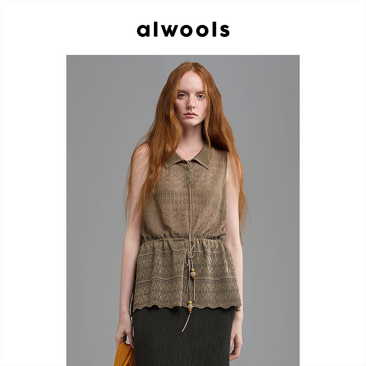 ALWOOLS26春夏新品钩针复古镂空波浪边系带针织上衣