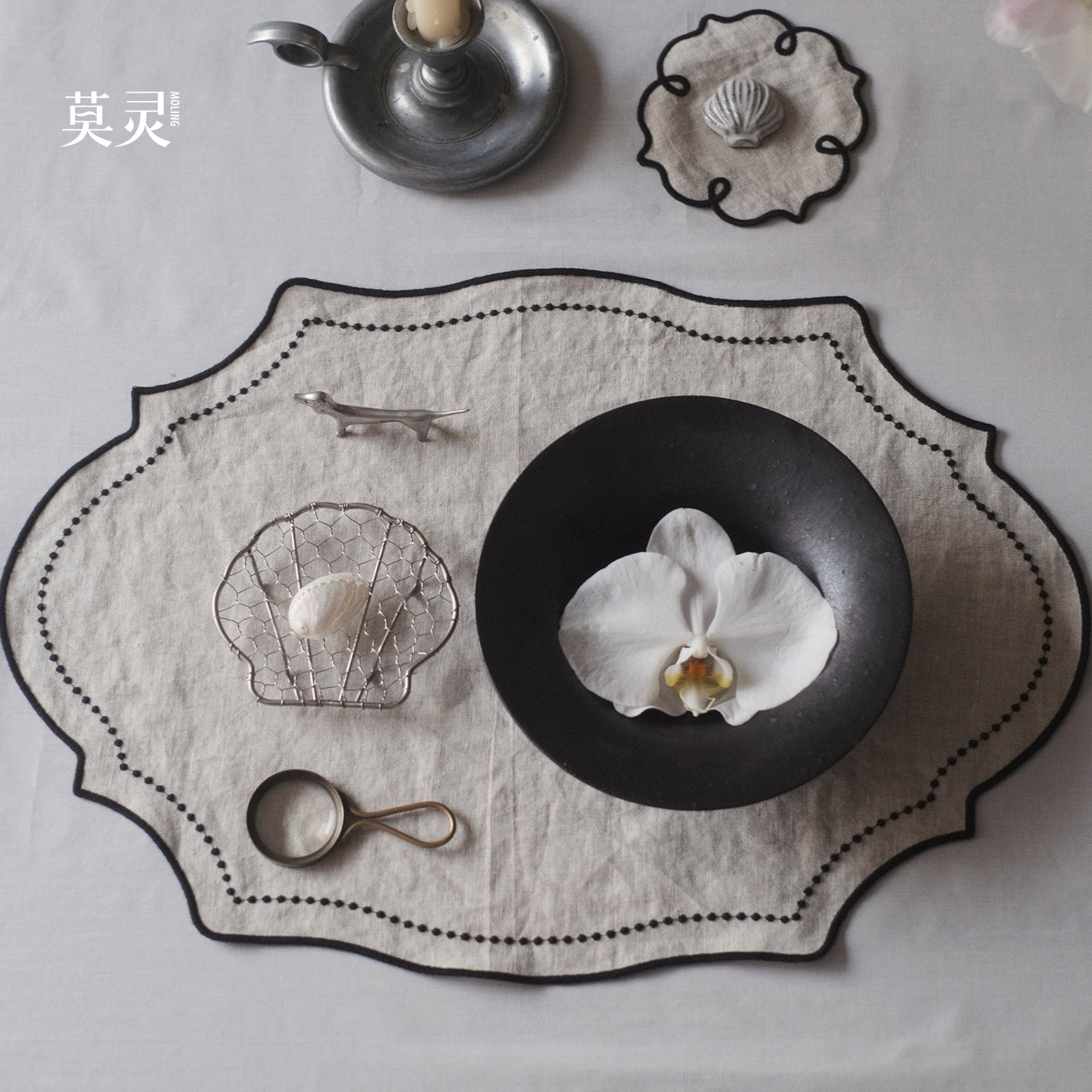 纯亚麻刺绣餐垫餐桌法式