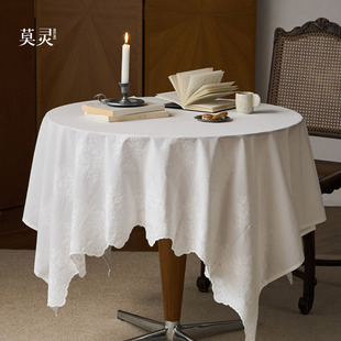 molingtalk纯棉绣花桌布防水防油ins白色蕾丝绣花餐桌茶几盖布
