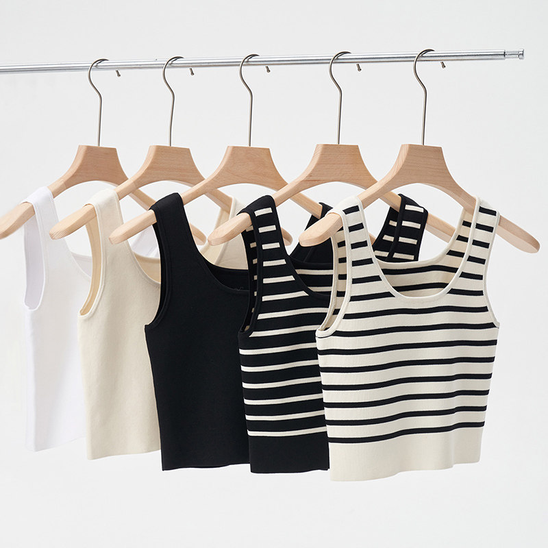 法式u领条纹针织小背心女夏季西装内搭弹力打底吊带无袖短款上衣