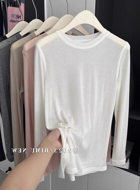 天丝羊毛面膜T女2025春装薄款白色内搭打底衫长袖T恤圆领正肩上衣