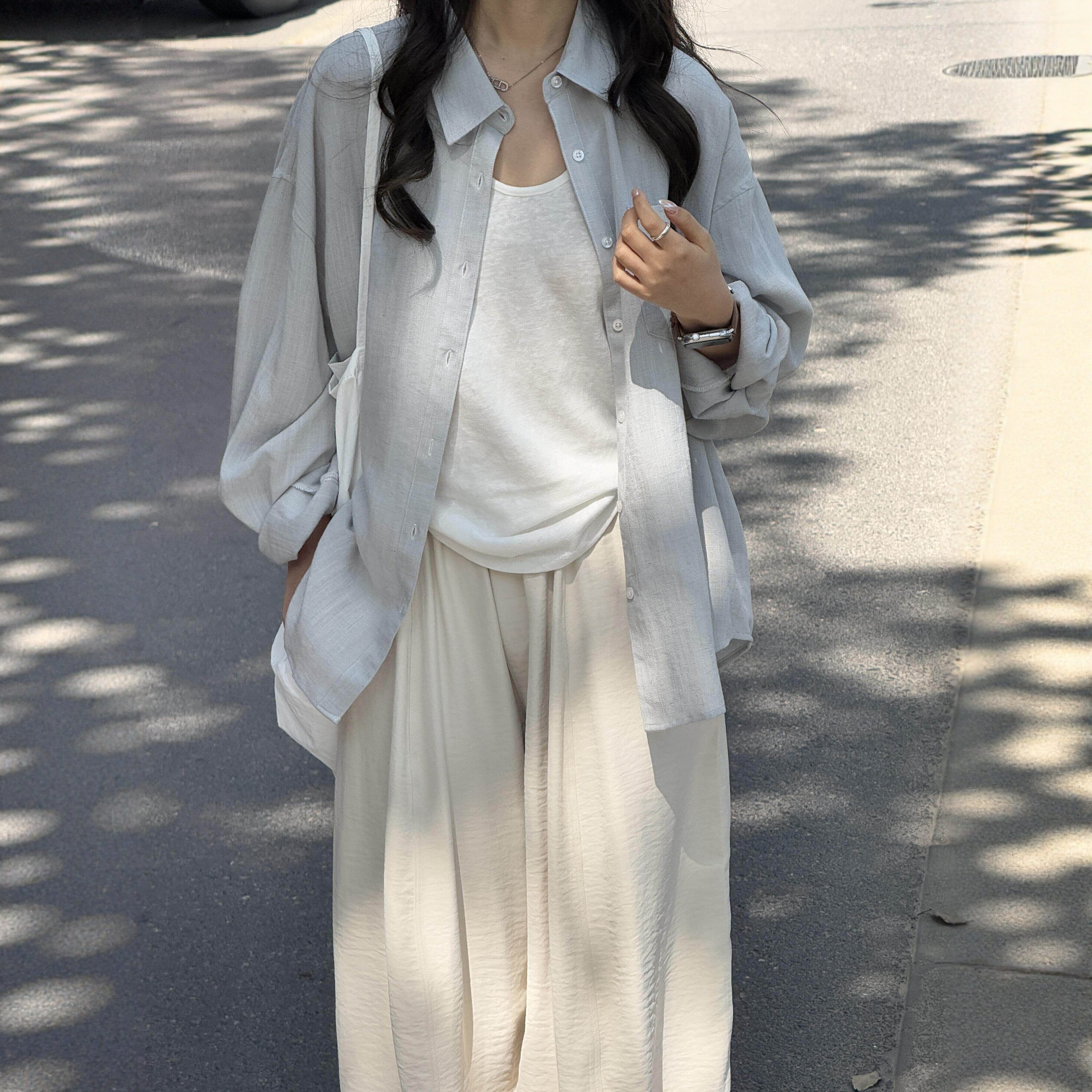云灰蓝亚麻防晒衬衫女夏季宽松慵懒松弛感老钱风休闲长袖衬衣外套