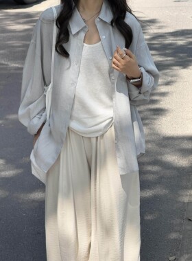 云灰蓝亚麻防晒衬衫女夏季宽松慵懒松弛感老钱风休闲长袖衬衣外套