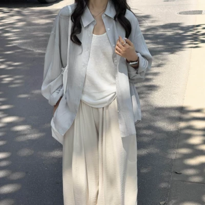 云灰蓝亚麻防晒衬衫女夏季宽松慵懒松弛感老钱风休闲长袖衬衣外套