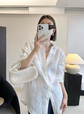 高级感亚麻白色衬衫女夏薄款宽松老钱风棉麻衬衣外搭长袖防晒上衣