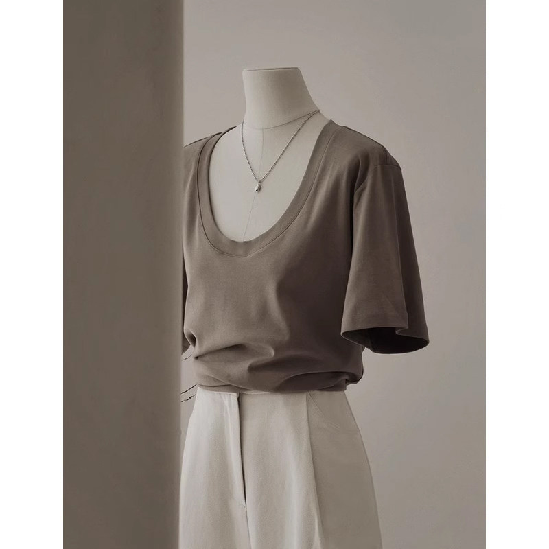 夏季u领打底内搭显瘦遮肉正肩短袖T恤女大领口港味宽松chic上衣女,女装/女士精品,T恤,淘宝优惠券,粉丝福利购,淘宝优惠卷