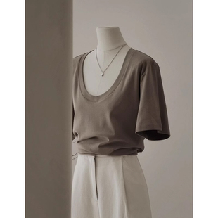 夏季u领打底内搭显瘦遮肉正肩短袖T恤女大领口港味宽松chic上衣女