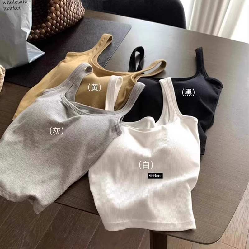 美背白色方领带胸垫吊带背心女夏季外穿内搭文胸一体修身打底上衣