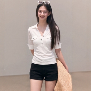 法式白色polo领短袖衬衫式T恤女夏季高级感气质修身显瘦中袖上衣