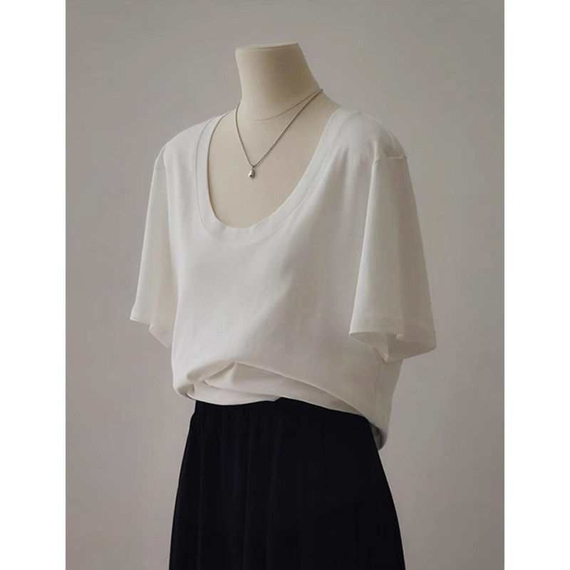 夏季u领纯棉正肩短袖t恤女设计感小众宽松大领口港味chic半袖上衣