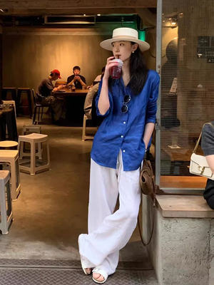 高级感穿搭克莱因蓝亚麻防晒衬衫