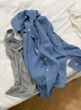 蓝色细格子长袖防晒衬衫女夏薄款宽松设计感休闲上衣早秋衬衣外套