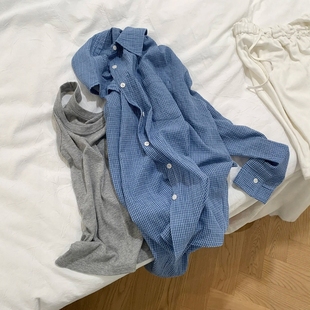 蓝色细格子长袖防晒衬衫女夏薄款宽松设计感休闲上衣早秋衬衣外套