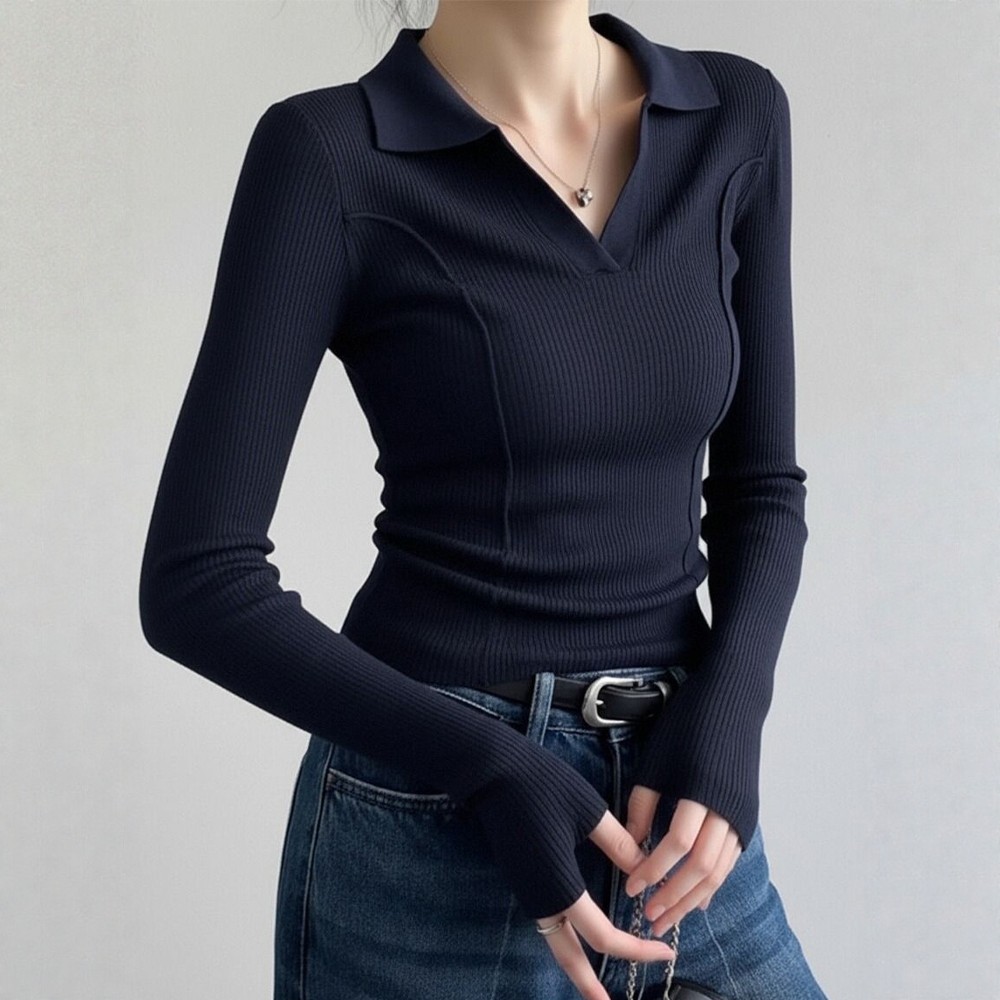 法式藏青色polo衫翻领针织打底衫女秋冬毛衣内搭修身气质长袖上衣,女装/女士精品,毛针织衫,淘宝优惠券,粉丝福利购,淘宝优惠卷