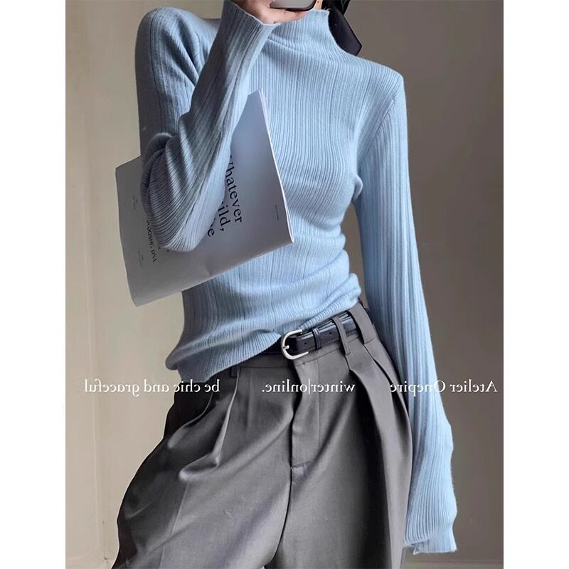 baby蓝半高领针织打底衫女秋冬高级感超好看长袖毛衣修身内搭上衣,女装/女士精品,毛针织衫,淘宝优惠券,粉丝福利购,淘宝优惠卷